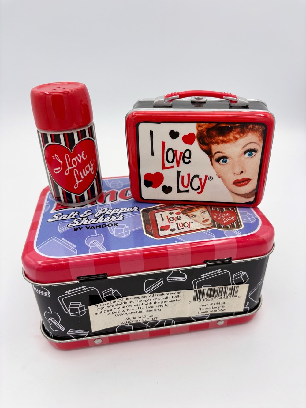Vandor I Love Lucy Lunchtime Salt & Pepper Shakers With Tin Lunch Box Never Used